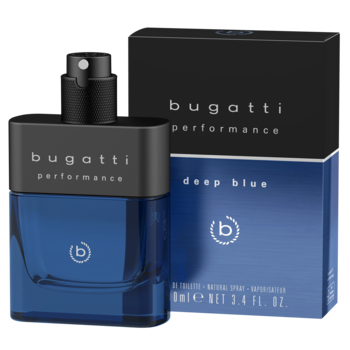 Męska woda toaletowa Bugatti Performance Deep Blue: ciemnoniebieska butelka, obok pasujące pudełko.