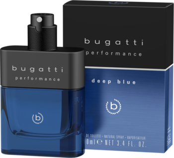 Bugatti Performance Deep Blue męska woda toaletowa, ciemnoniebieski flakon i pudełko, widok pod kątem.
