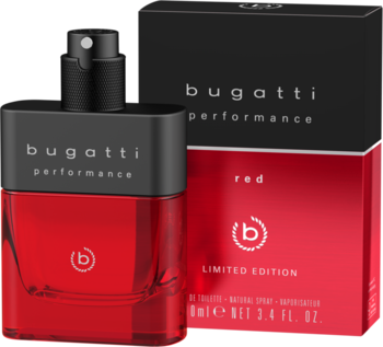 Bugatti Performance Red, czerwona męska woda toaletowa w butelce z czarnym atomizerem, widok pod kątem, obok pudełka.