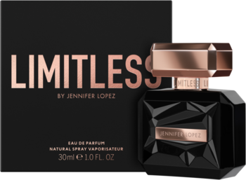 Jennifer Lopez Limitless woda perfumowana 30ml, czarna butelka i pudełko ze złotymi detalami, widok z przodu.