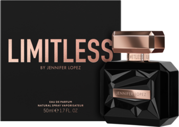 Widok z przodu czarnej, fasetowanej butelki perfum Jennifer Lopez Limitless 50ml i pasującego pudełka.