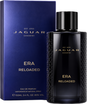Jaguar Era Reloaded, męska woda perfumowana, czarna butelka z teksturą, granatowe pudełko.