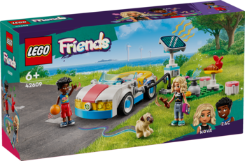 Pudełko LEGO Friends 42609 Samochód elektryczny ze stacją solarną, figurki, widok z przodu.