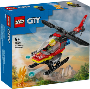 Opakowanie LEGO City Fire Rescue Helicopter 60411, niebieskie pudełko z modelem czerwono-czarnego helikoptera strażackiego.