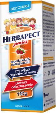 Herbapekt junior syrop na kaszel bez cukru, opakowanie pomarańczowo-białe z grafiką dzieci, widok z przodu.