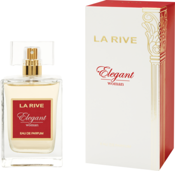 LA RIVE Elegant Woman EDP, prostokątna butelka z czerwoną etykietą i złotym atomizerem, obok biało-czerwone pudełko.