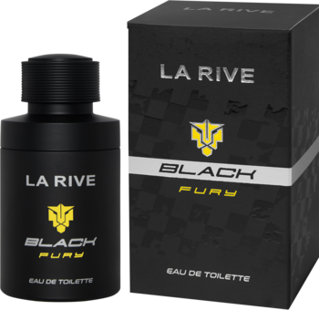 La Rive Black Fury męska woda toaletowa, czarny flakon 75 ml i pudełko z logo, ujęcie pod kątem.