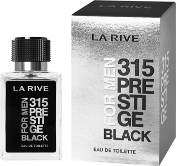 La Rive 315 Prestige Black woda toaletowa męska. Butelka z czarną nakrętką, obok błyszczące srebrne pudełko.