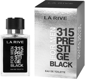 Męska woda toaletowa La Rive 315 Prestige Black: butelka z czarnym korkiem, obok srebrne, błyszczące pudełko.