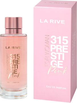 La Rive 315 Prestige Pink woda perfumowana dla kobiet, różowy flakon i pasujące pudełko obok siebie.