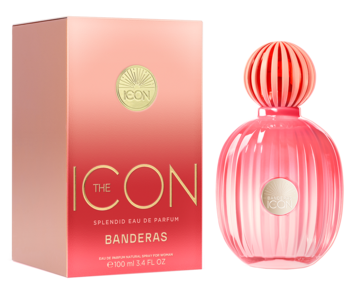 Różowy, żeberkowany flakon i gradientowe pudełko perfum Banderas The Icon Splendid, ujęcie ukośne.