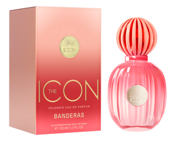 Różowe perfumy Banderas The Icon Splendid: pudełko z gradientem i butelka z falistym wzorem.