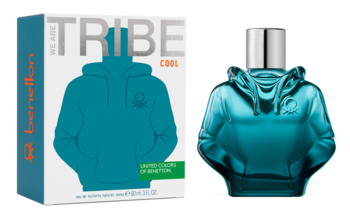 Męska woda toaletowa United Colors of Benetton Tribe Cool: turkusowy flakon-bluza i białe pudełko.