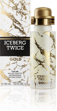 Męska woda toaletowa Iceberg Twice Gold w butelce z białym marmurowym wzorem, obok czarno-złotego pudełka.