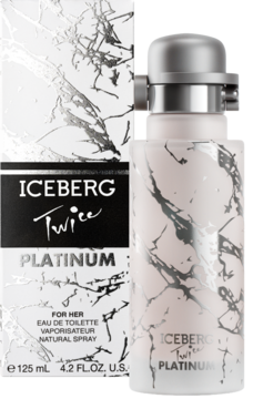 Iceberg Twice Platinum EDT dla niej, butelka obok pudełka. Białe opakowania z marmurowym wzorem i srebrnym napisem.
