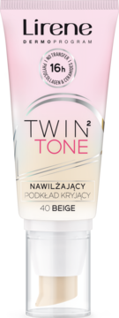 Lirene Twin 2 Tone 40 Beige, nawilżający podkład kryjący, różowo-beżowa tuba z pompką, widok z przodu.