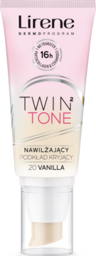 Lirene Twin Tone 20 Vanilla, nawilżający podkład kryjący w różowo-beżowej tubce, widok z przodu.
