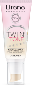 Podkład Lirene Twin Tone 30 Honey, nawilżający i kryjący, w różowo-beżowej tubie z pompką, widok z przodu.