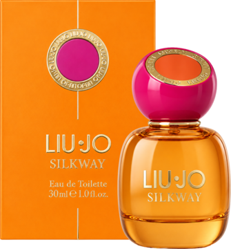 LIU JO SILKWAY Eau de Toilette 30ml. Bursztynowa butelka z różową nakrętką i pomarańczowe pudełko, widok z przodu.