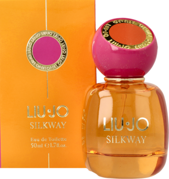 Liu Jo Silkway EDT dla kobiet, bursztynowa butelka z różowym korkiem i pomarańczowe pudełko. Widok z przodu.