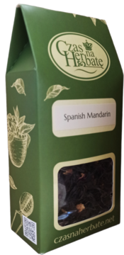 Zielone pudełko sypanej herbaty Czas na Herbatę o smaku Spanish Mandarin, widok z przodu z okienkiem.