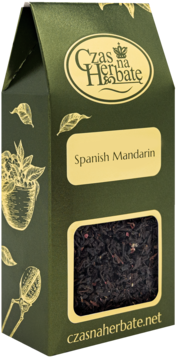 Ciemnozielone opakowanie herbaty Czas na Herbatę Spanish Mandarin, widok z przodu, z oknem na liście herbaty.