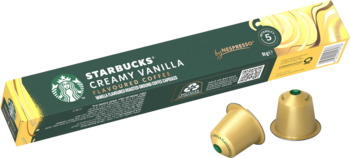Starbucks Creamy Vanilla Nespresso kapsułki. Zielone pudełko, dwie złote kapsułki kawy waniliowej, widok z góry.