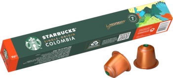 Starbucks Single-Origin Colombia by Nespresso, zielone opakowanie, dwie miedziane kapsułki kawy, średnia intensywność.