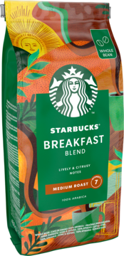 Zielona kawa ziarnista Starbucks Breakfast Blend, średnio palona (7), z cytrusowymi nutami, widok z przodu.