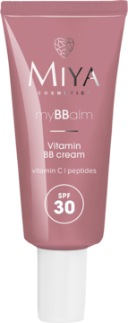 Miya myBBbalm Vitamin BB cream SPF 30 w różowej tubce z białym korkiem, widok z przodu.