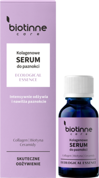 Serum Biotinne Kolagenowe do paznokci w fioletowym pudełku i butelce, widok z przodu na purpurowym tle.