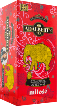 Sir Adalbert's Strawberry Ceylon Tea, czerwone pudełko z złotym słoniem i napisem Miłość, 20 torebek, widok pod kątem.
