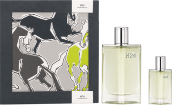 Zestaw Hermes H24 Eau de Toilette: pudełko z szaro-czarno-limonkowym wzorem i dwa flakony 100ml i 12,5ml.