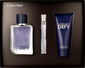 Calvin Klein Defy męski zestaw: EDT 100ml, travel spray 10ml, żel pod pryusznic 100ml na czarnym tle.