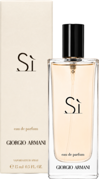Giorgio Armani Si Eau de Parfum 15ml: elegancka butelka z czarnym korkiem i kremowe pudełko, widok z przodu.