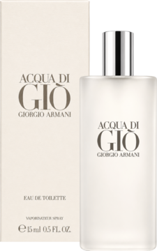 Acqua di Gio Giorgio Armani EDT 15ml, butelka z matowego szkła ze srebrną nakrętką obok beżowego pudełka, widok z przodu.