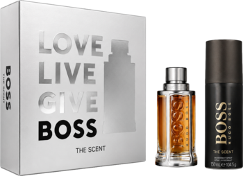 Zestaw Hugo Boss The Scent: męska woda toaletowa 50ml i czarny dezodorant 150ml, eleganckie białe pudełko, widok z przodu.