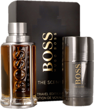 Hugo Boss The Scent zestaw: bursztynowa butelka wody toaletowej 100ml i dezodorant 75ml, z pudełkiem w tle.