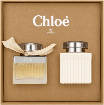 Zestaw Chloe: szklana woda perfumowana 50ml z kokardką i biały balsam 100ml w beżowym opakowaniu prezentowym.