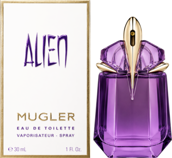 Mugler Alien woda toaletowa 30ml, białe pudełko i fasetowany fioletowy flakon ze złotymi zdobieniami.