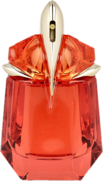T.Mugler Alien Fusion: butelka perfum z fasetowanego, czerwonego szkła ze złotym korkiem, widok z przodu.