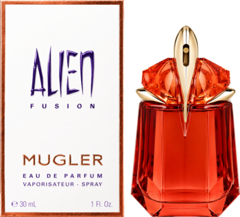 T.Mugler Alien Fusion EDP, białe pudełko z purpurowym napisem i czerwono-złoty flakon perfum, widok z przodu.