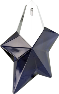 Flakon perfum Thierry Mugler Angel Elixir, ciemnoniebieska fasetowana gwiazda z przezroczystą górą, widok z przodu.