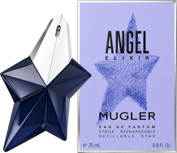 Mugler Angel Elixir, gwiazdkowy flakon perfum z ciemnoniebieskimi fasetami obok fioletowego pudełka EDP, widok z przodu.