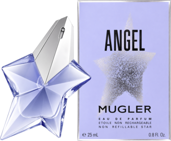 Angel Mugler Eau de Parfum 25ml: gwiaździsty flakon i fioletowe pudełko, widoczne z przodu na czarnym tle.
