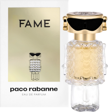 Paco Rabanne Fame perfumy w złotym pudełku z robotem i ikoniczny flakon-robot ze złotymi okularami.