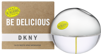 Perfumy DKNY Be Delicious: obok brązowego pudełka z logo, stoi srebrno-biała butelka w kształcie jabłka.