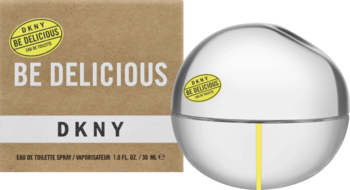 DKNY Be Delicious woda toaletowa w kształcie srebrnego jabłka z żółtym logo, obok brązowe pudełko z napisem Be Delicious.