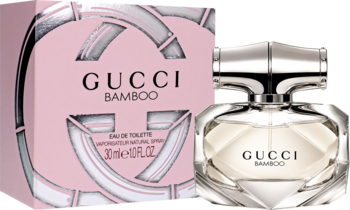 Gucci Bamboo EDT 30ml: różowe pudełko i fasetowana butelka ze srebrną nakrętką, widok przód-bok.