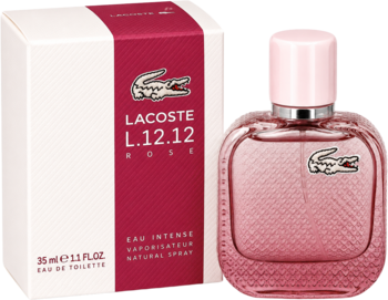 Lacoste L.12.12 Rose Eau de Toilette 35ml, różowa butelka z fakturą i logo obok biało-magenta pudełka.